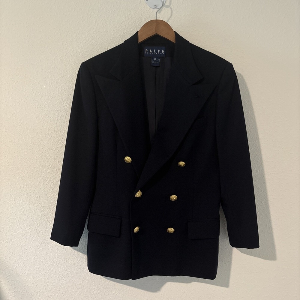 Vintage RALPH Ralph Lauren 100% Wool Navy Blue Gold Button Blazer 80s 90s USA 10